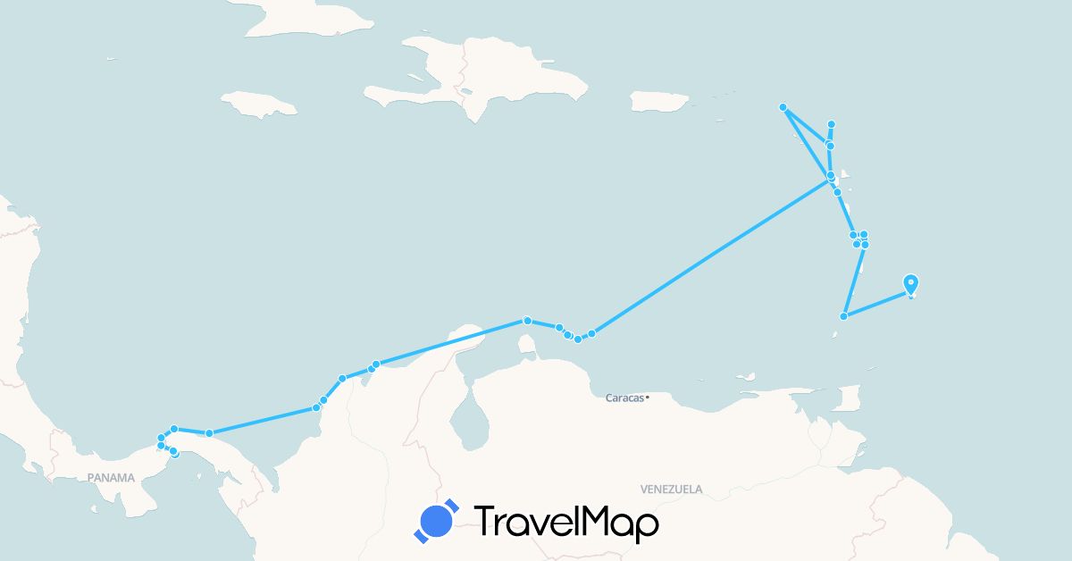 TravelMap itinerary: boat in Antigua and Barbuda, Barbados, Colombia, Curaçao, France, Guadeloupe, Saint Martin, Martinique, Netherlands, Panama, Saint Vincent and the Grenadines (Europe, North America, South America)