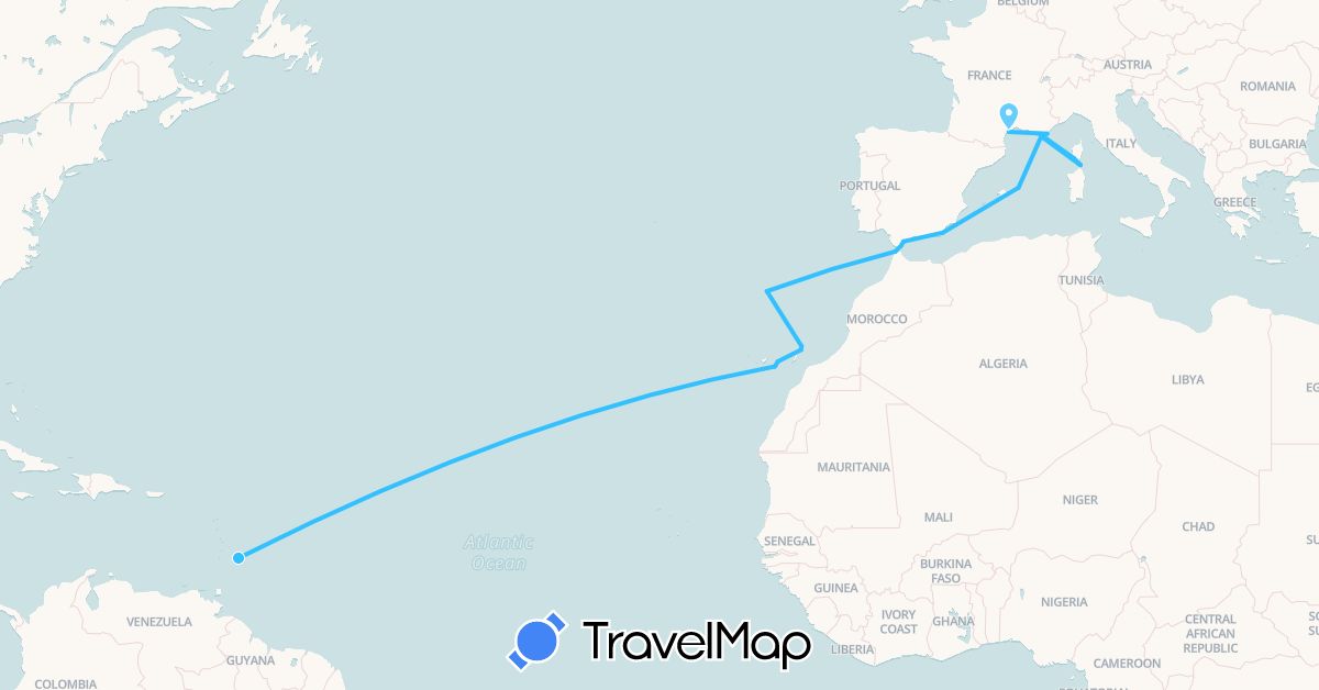 TravelMap itinerary: boat in Barbados, Spain, France, Gibraltar, Italy, Morocco, Portugal (Africa, Europe, North America)